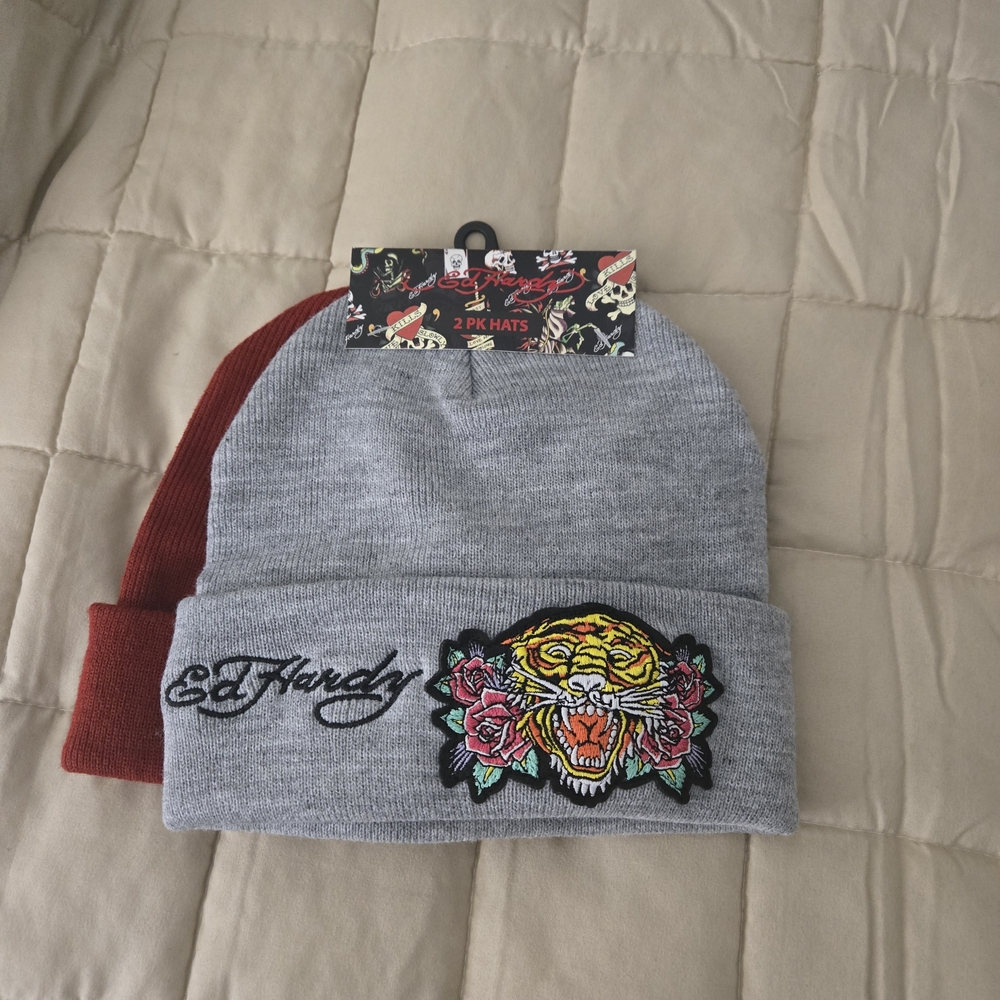 Ed Hardy Gray and Red Beanie Duo